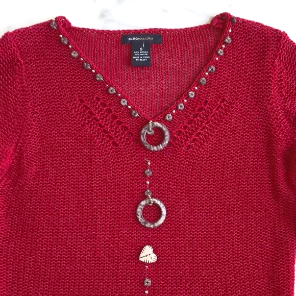 NWOT. BCBG Maxazria Acrylic and Nylon V-Neck Long Sleeve Crochet Sweater w/Decor - Picture 4 of 6